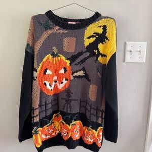 Vintage Crystal-Kobe Sweater Mens Medium Black Halloween Pumpkins Witch 90s Knit